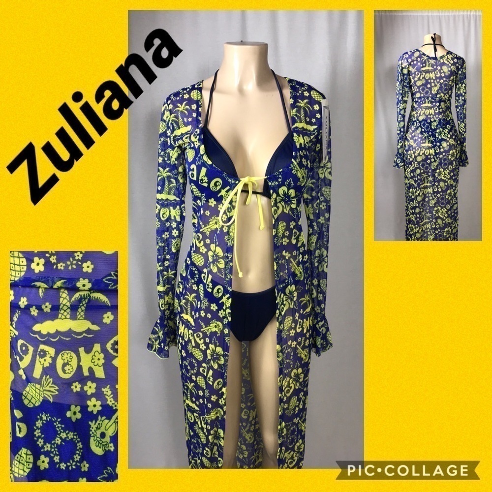 Zuliana Aloha Tropical Print Long Ruffle Sleeve Mesh Cover Up. Made in USA/ New